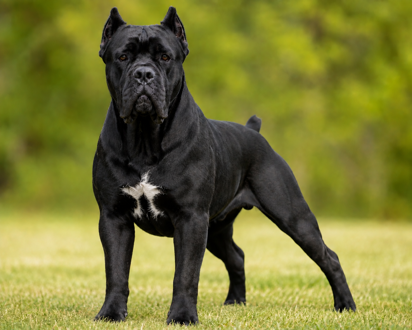 Vader, black Custos Fidelis Cane Corso, standing outdoors