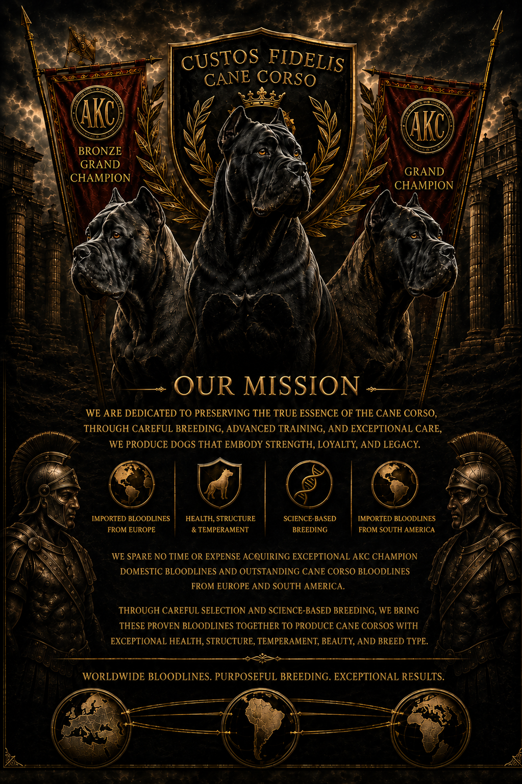 Custos Fidelis Our Mission artwork featuring three Cane Corsos, AKC Champion banners, Roman architecture, and worldwide bloodline symbolism